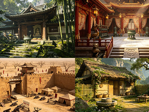 AI提示词作品:古风场景图江南古寺宫廷茅舍边塞 古风场景图江南古寺宫廷茅舍边塞 - tongyongmobanAI生成效果图